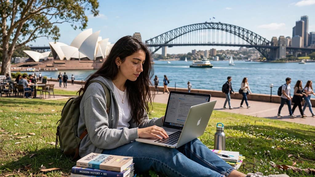 Sydney limanında, Opera Binası ve Harbour Bridge önünde dizüstü bilgisayarla çalışan genç kadın